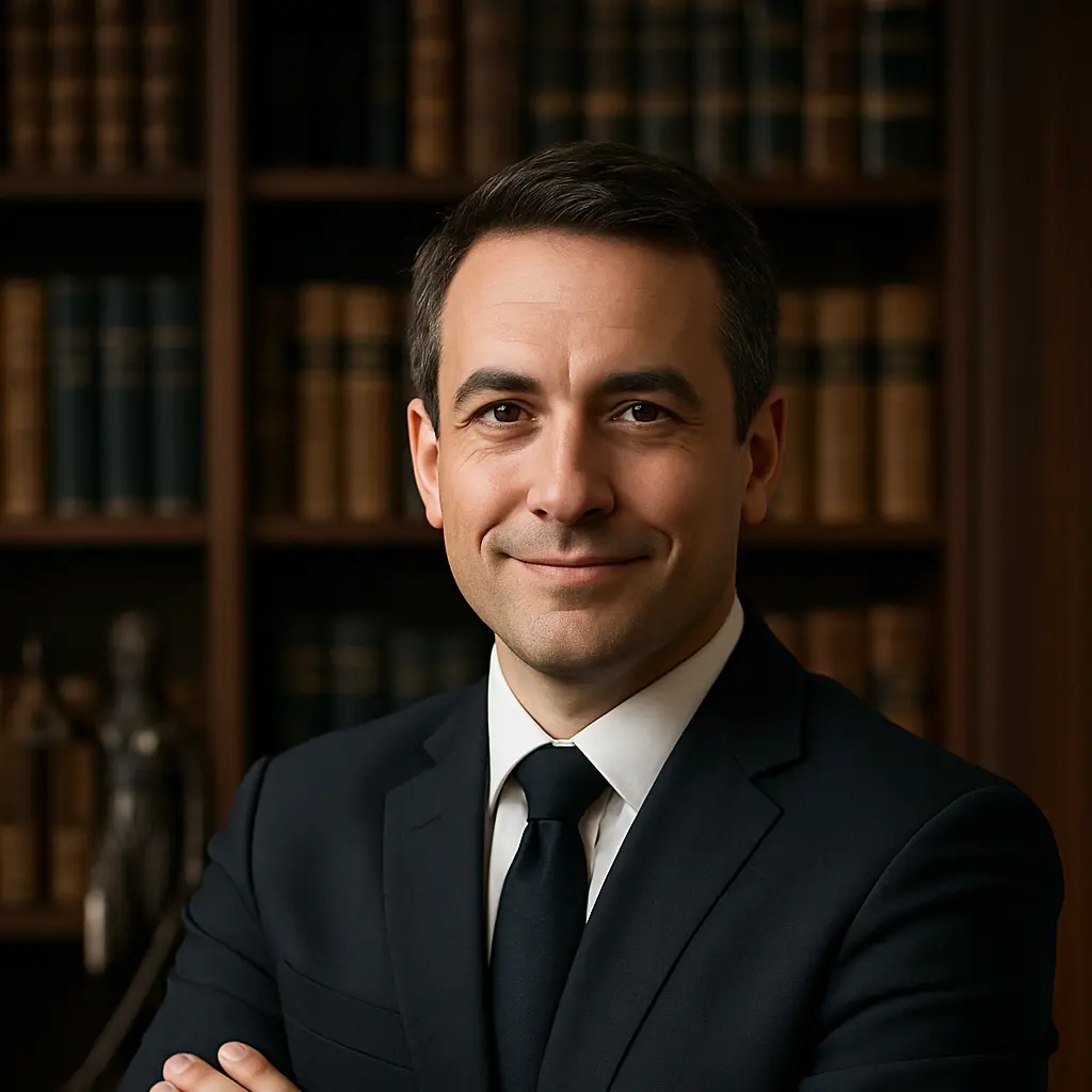 Abogado profesional con traje oscuro en biblioteca jurídica con libros de derecho